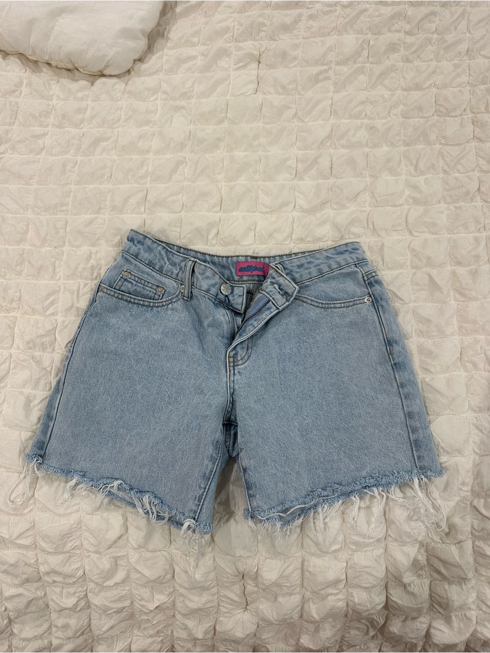 Edikted Light Blue Denim Cutoff Shorts